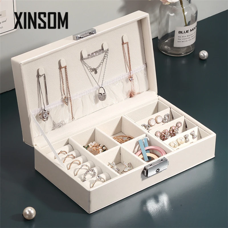 

XINSOM Jewelry Organizer For Women PU Leather Jewelry Display Box Packaging With Lock For Earrings Bracelets Necklaces Rings
