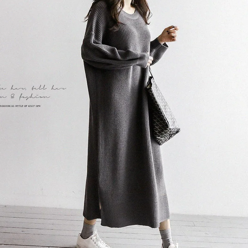 

2019 Winter Women Casual Dresses Autumn Casual Long Sleeve O neck Solid Black Loose Knitted Knit Sweater Midi Dress For Women