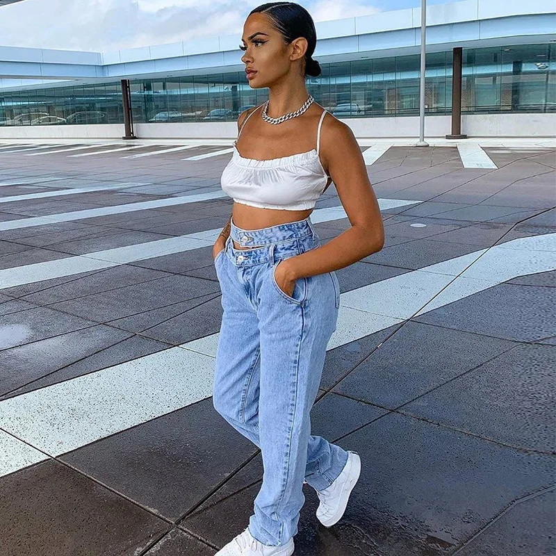 E-Girls Autumn Spring Wear High Waist Straight Trouses with Above Navel Belt for Ladies Women Loose Long Denim Jeans | Женская одежда