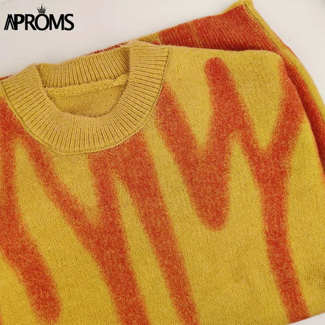 Aproms Elegant Green Striped Print Oversized Pullovers Women Winter O-Neck Loose Long Sweaters Streetwear Warm Outerwear 2021 Orange
