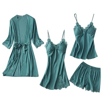 

Women Pajamas 4 Pieces Set Satin Sleepwear Pijama Silk Home Wear Home Clothing Embroidery Sleep Lounge Pyjama with Chest Pads