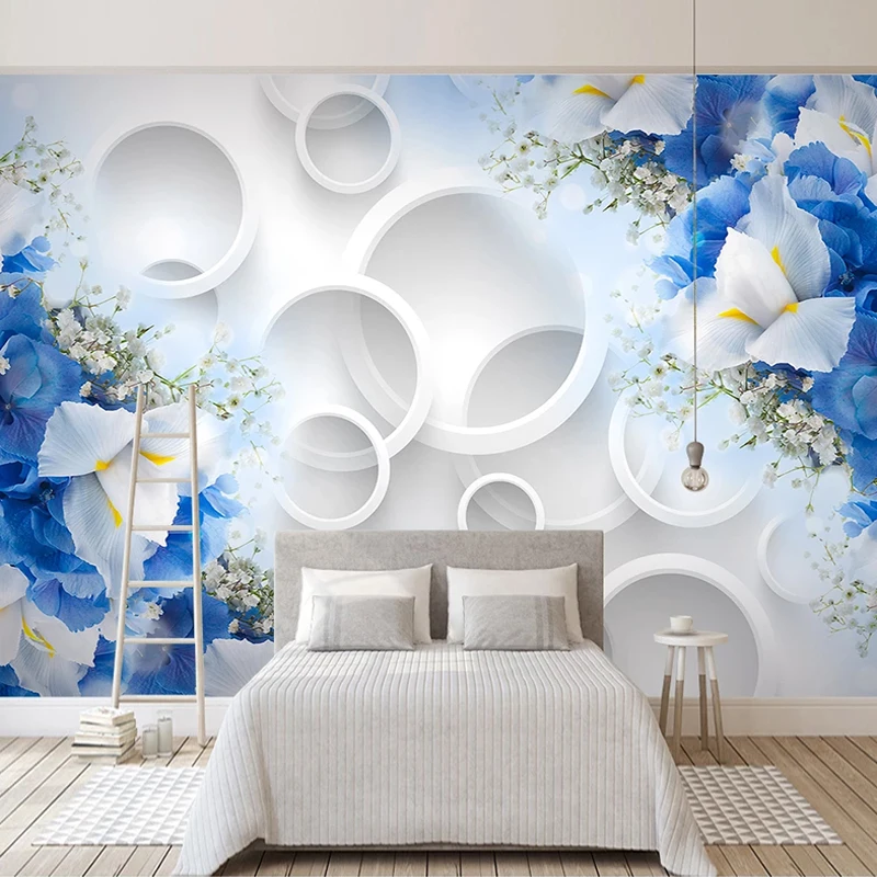 Custom Photo Mural Wallpaper Modern 3D Stereoscopic Circles Blue Flowers Living Room TV Background Home Decoration Wall Painting Custom Photo Mural Wallpaper Modern 3D Stereoscopic Circles Blue Flowers Living Room TV Background Home Decoration Wall Painting