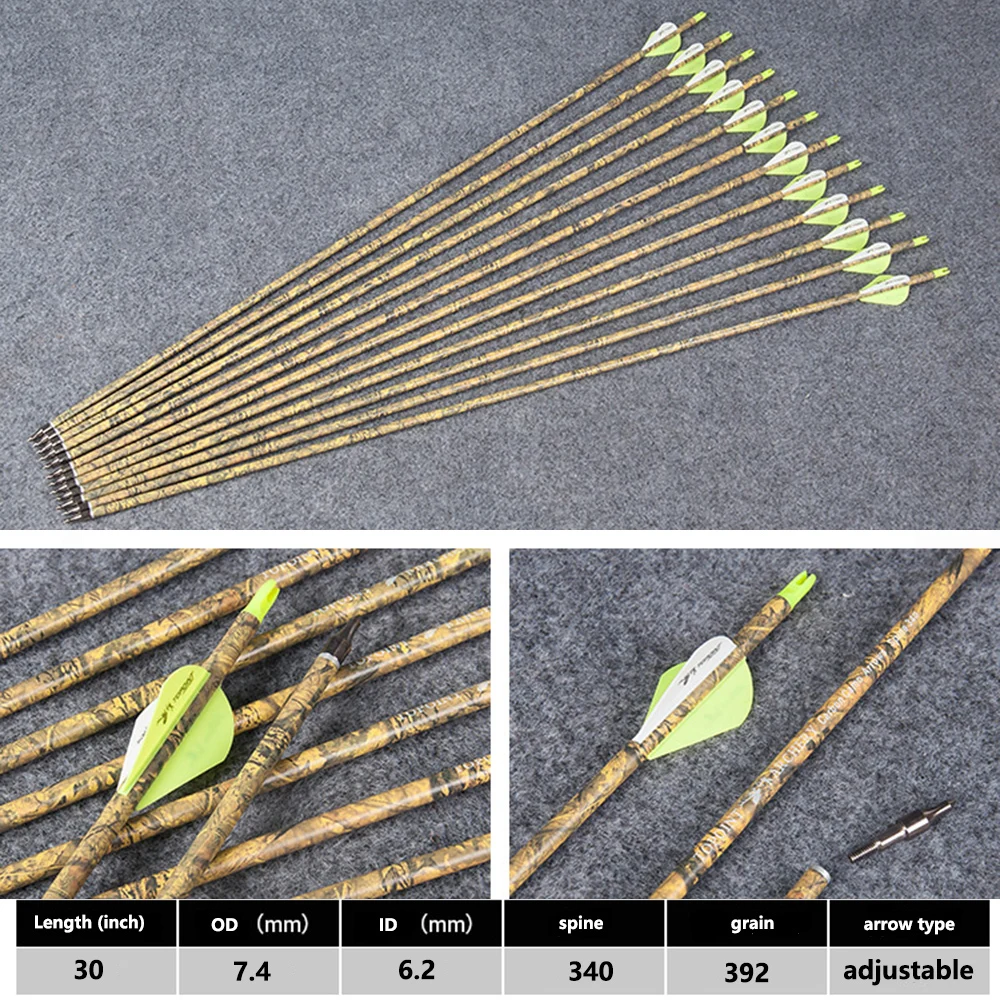 

30 Inches Spine 340 Pure Carbon Arrow 7.4 mm Diameter Camo For Compound/Recurve Bow Archery Hunting Shooting