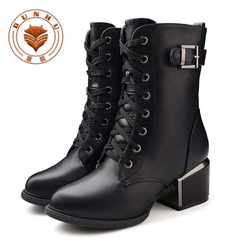

Dunhu 2019 Autumn And Winter New Style England Martin Boots Chunky Heel Casual Women's Boots Lace-up plus Wool Middle Boots 9185