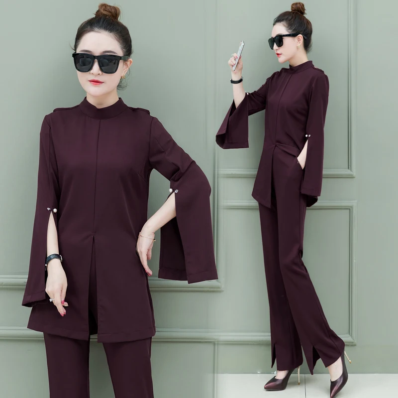 

Elegaant Women Two Piece Set Long Sleeve Turtleneck Top+ Wide Leg Pants High Waist Fashion Women Tracksuit Split Pants Suits