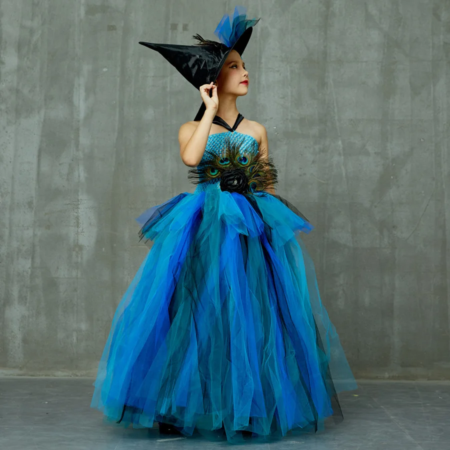 Роскошное платье-пачка с павлиньими перьями и шляпой ведьмы для девочек; детский нарядный карнавальный костюм Пурима для дня рождения; детское бальное платье на выпускной