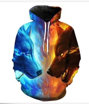 

CNUUIKOOEK Sweatshirts Men's 3D Ice And Fire Double Wolf Printed Hooded Pocket Pullover Hoody Fashion Hooded Men's Hoodies