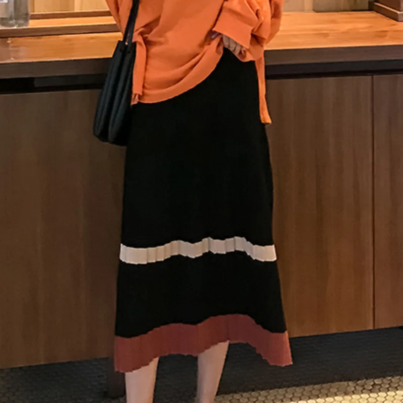 Лоскутные вязаные юбки Зима Осень новинка Высокая талия эластичные гофрированные длинные юбки женские миди юбки контрастного цвета