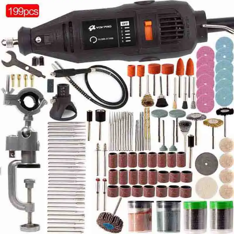 VP301Black-199pcs 480 Вт/180 Вт 2 стиля, электрическая дрель, 6 позиций, переменная скорость, вращающийся инструмент, мини-шлифовальная машина для Dremel, шлифовальный металл, электрические сверла, инструменты - Цвет: VP301Black-199pcs