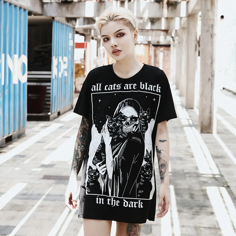 Gothic Women's Heavy Cotton Black T-Shirt ~ Cat Skeleton