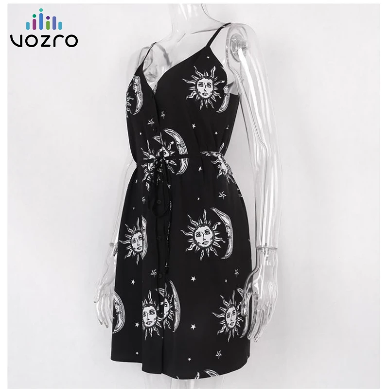 

VOZRO Street Girl Wind Printing Sexy Summer Dress Women Personality Pattern Low Lead Vent Camisole Short Skirt Vestido Dresses