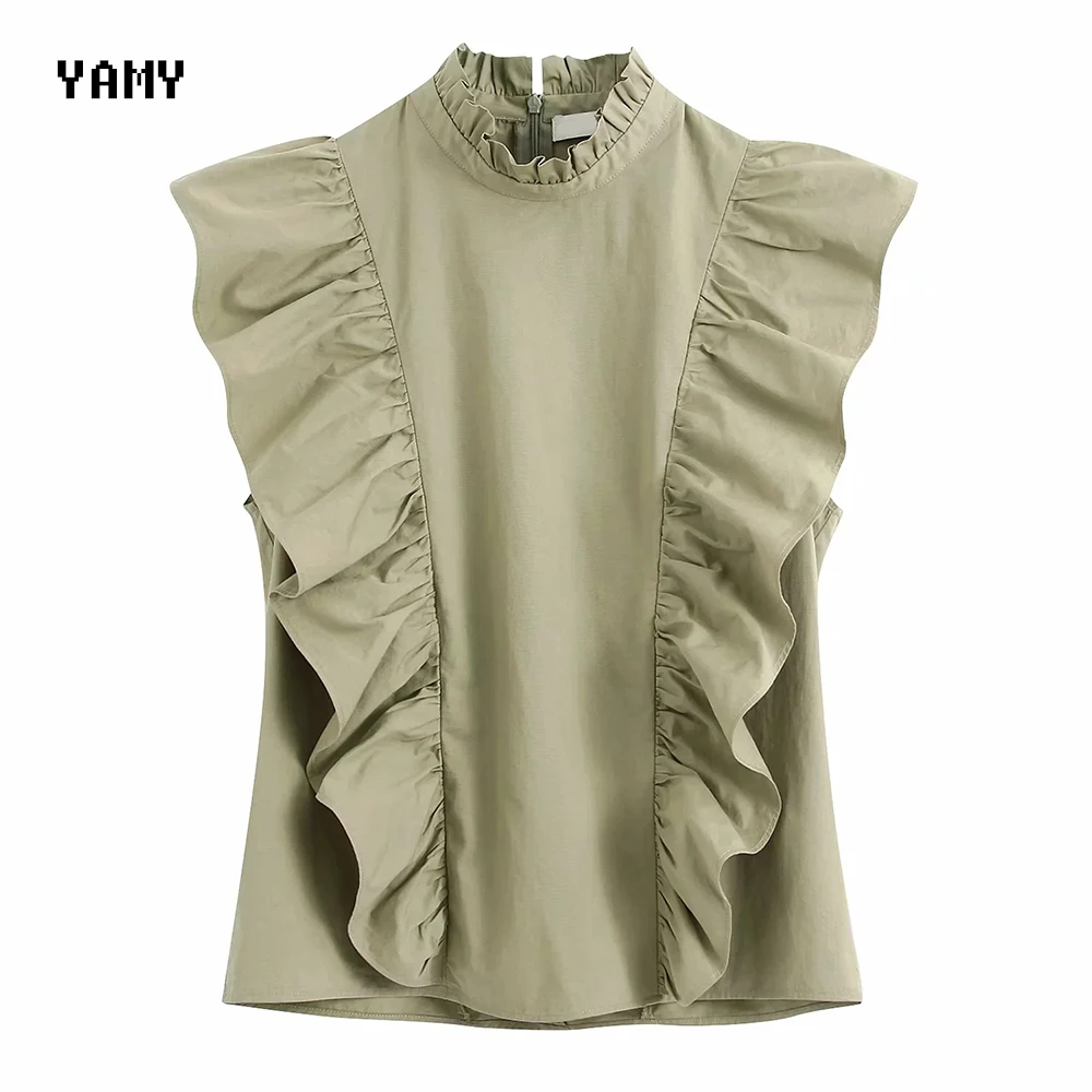 Nuevo color verde algodón Blusa con volantes adornos sin mangas tops y blusas para mujer zoravicky casuales de mujer cuello Top de verano| Blusas y camisas| - AliExpress