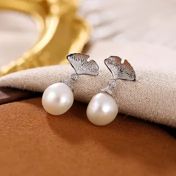 

Solid 925 Sterling Silver leaf Drop earring Vintage freshwater natural Baroque Pearl Earrings fine jewelry for Women 2020 new