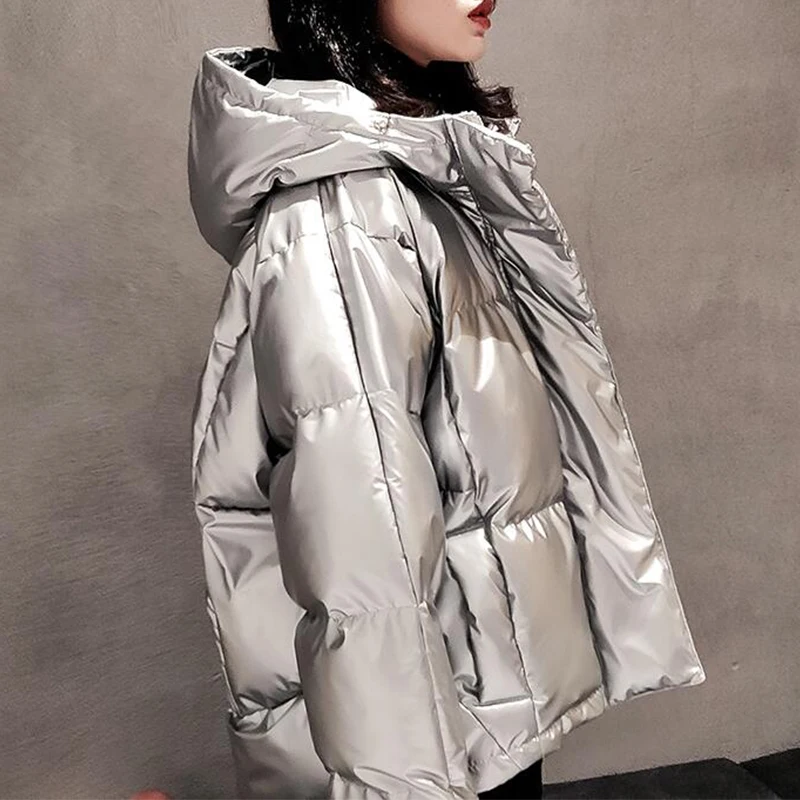 Autumn Winter fashion new Glossy Short Down Jacket Hooded Zipper Long Sleeve Warm Women's Solid Color Bread Coat cc823