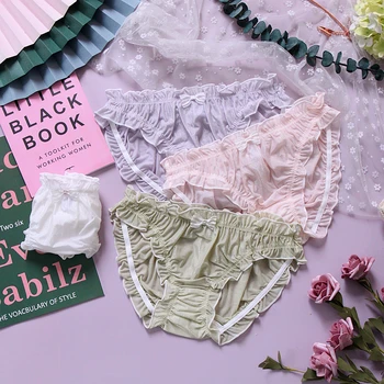 

4 Colors Japanese Young Girl Cotton Underwear Women's Cute Ruffles Lace Bow Panties Retro Small Fresh Kawaii Briefs M/L/XL