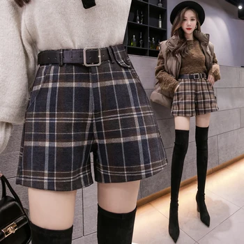 

2020 Autumn Winter Women Plaid Short Casual High Waist Wide Leg Shorts Plus Size Women Clothing Sashes Short Pants Women Female
