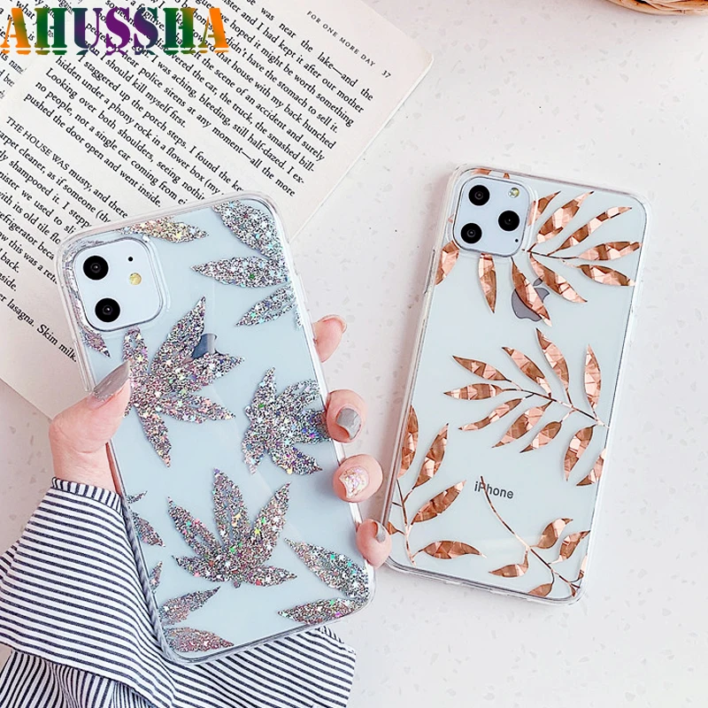 Glitter Phone Case For iPhone 11 Pro Max Back Cover Rose Gold Bling Leaf TPU Silicone Soft Coque Iphone 2019 Fundas |