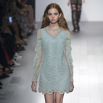 

Gedivoen Spring Fashion Designer Vintage Solid Short Dress Women Stand Hollow Out Patchwork Ruffles Lace Party Mini Dresses