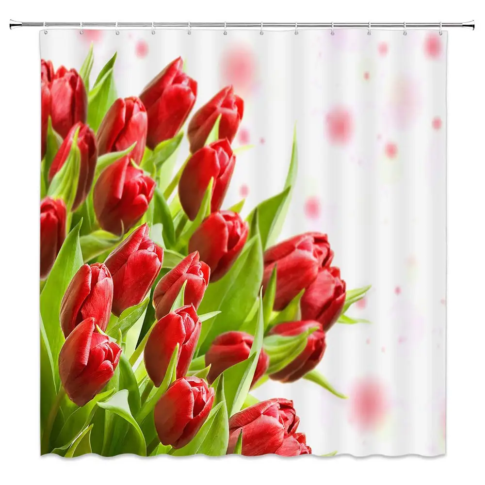 

Flowers Shower Curtain Red Tulip Safflower Green Leaf Aromatic Beautiful Spring Flowers Leaves Seasonal Nature