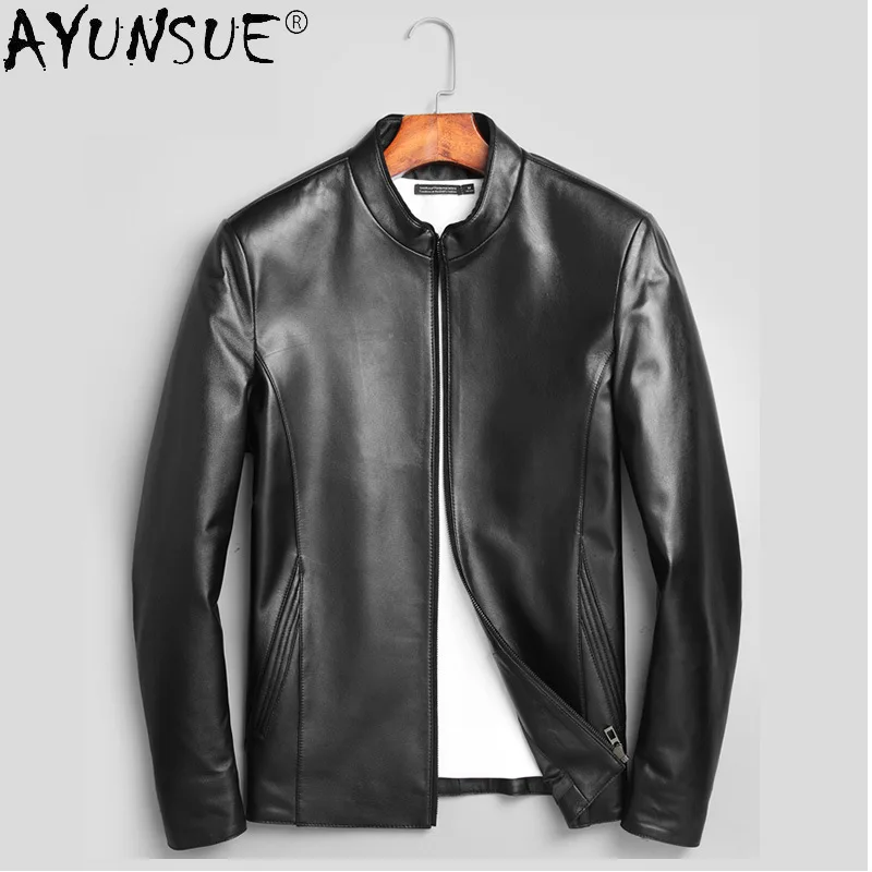 

Модная приталенная кожаная куртка для мужчин, весеннее пальто из натуральной овечьей шкуры, уличная одежда, мужские короткие куртки с воротником-стойкой WPY3352