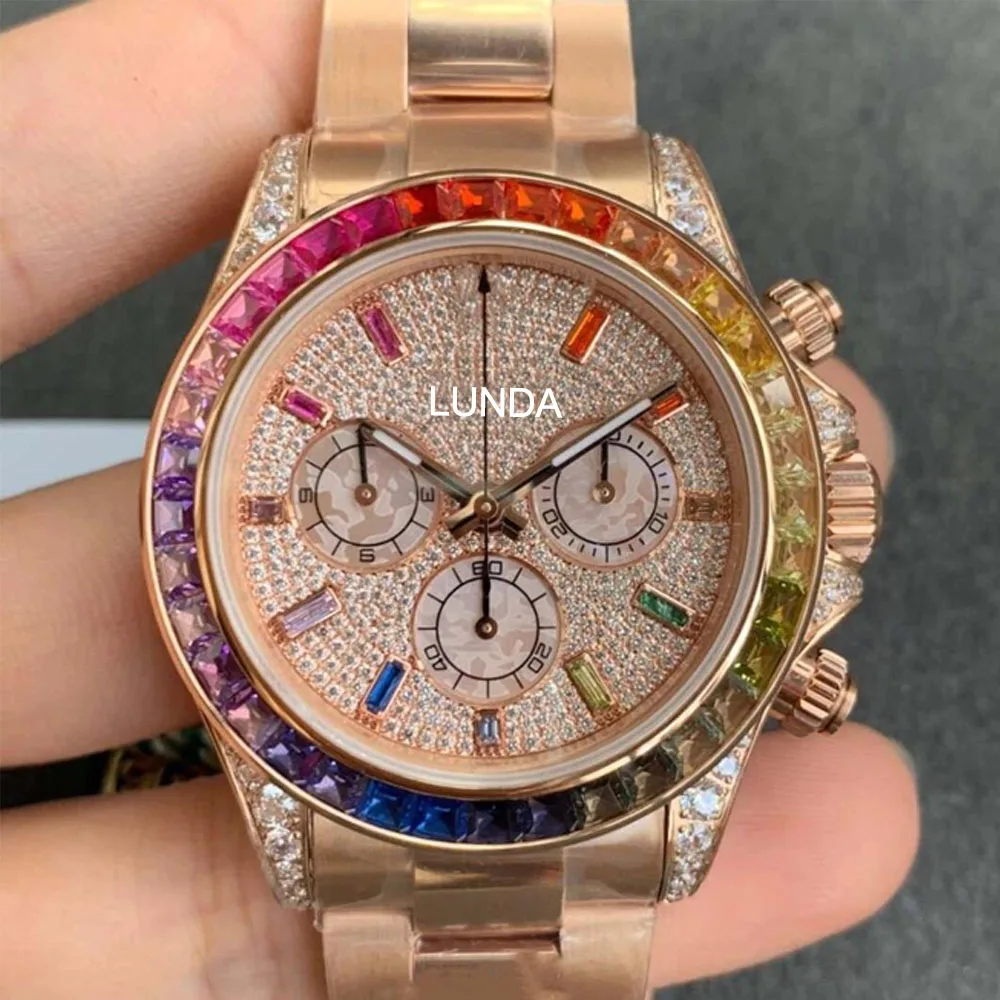 

Top fashion classic men 116595 40mm rainbow full diamond 18K rose gold automatic mechanical fashion waterproof men