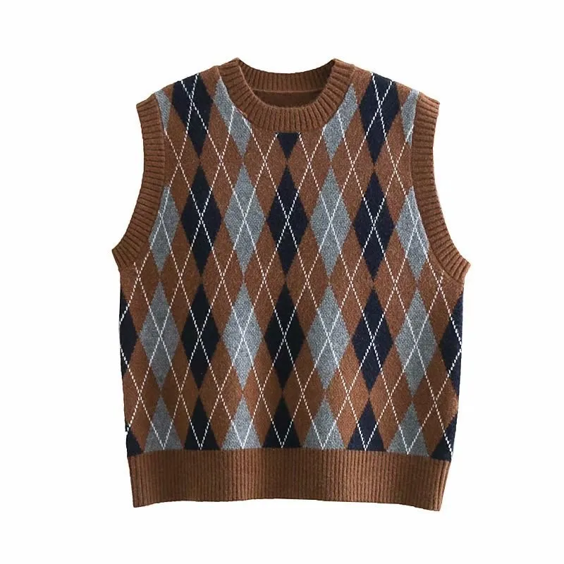 Autumn Women Rhombus Plaid Casual Sweater White Sleeveless Argyle Vest Vest, Sleeveless College Style O-Neck Knitted Vests