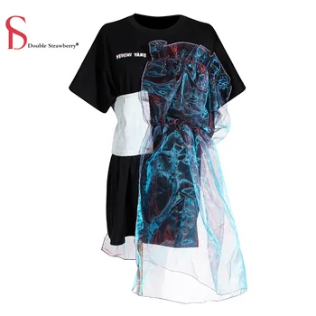 

DOUBLE STRAWBERRY Summer New Style Women Streetwear Casual Organza Stitching Loose Mid-length Long T-shirt Tops