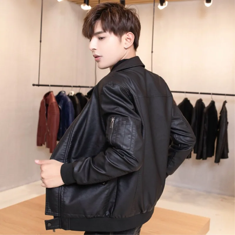 Локомотивное кожаное пальто для мужчин осень и зима стиль для мужчин корейский стиль тонкий крой отложной воротник Мода Молодежный тренд Fa