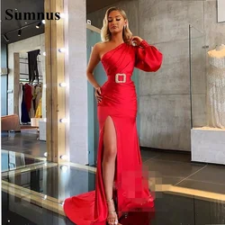 Sumnus One Shoulder Long Sleeve Prom Dresses With High Slit Red Satin Dress Evening Dress Long Formal Party Gowns