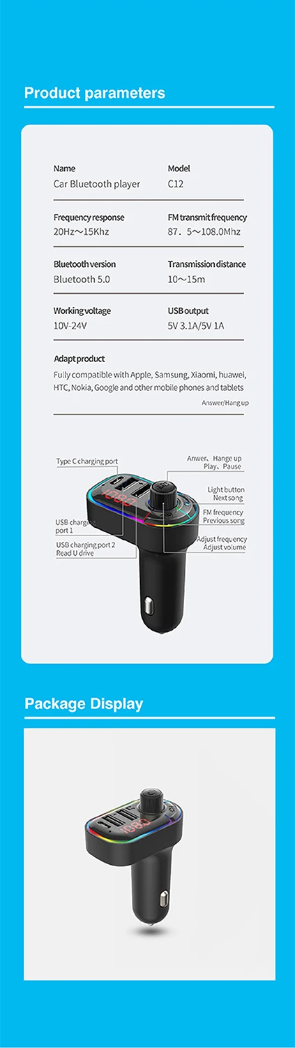 Bluetooth 5.0 FM Transmitter Car Kit MP3 Modulator Player Wireless Handsfree Audio Receiver Dual USB Fast Charger Ambient Light