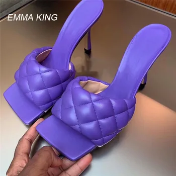 

EMMA New Sexy PU Square Head Peep Toe High Heel Slippers Summer Fashion Slip On Thin Heels Slides Women Mules Party