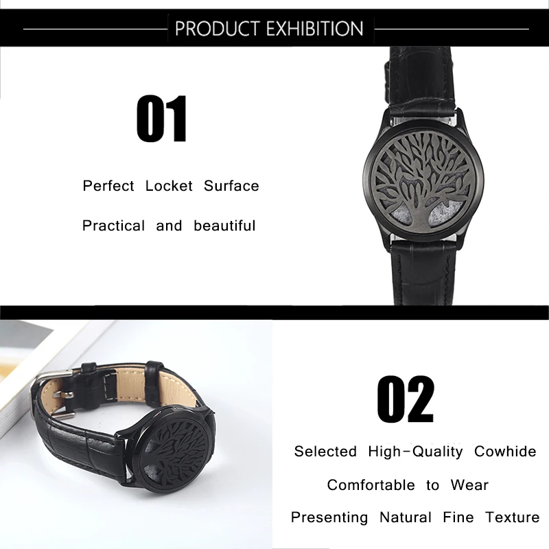 Black Genuine Leather Man Woman 30mm Aroma Locket Bracelet Stainless Steel Bangle Essential Oils Aromatherapy Locket Bracelet