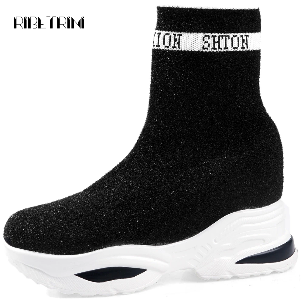 

RIBETRINI Ankle Boots For Women 2019 Elastic Upper Platform Boots Slip On Black White Boots Autumn Shoes Woman Feminina Big Size