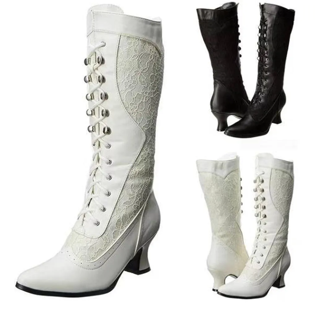 Women's High Heeled Boots Fashion Lace Pointed Toe Shoes Side Zip Mid-Tube Boots Winter Autumn Lace-Up Matching White Boots