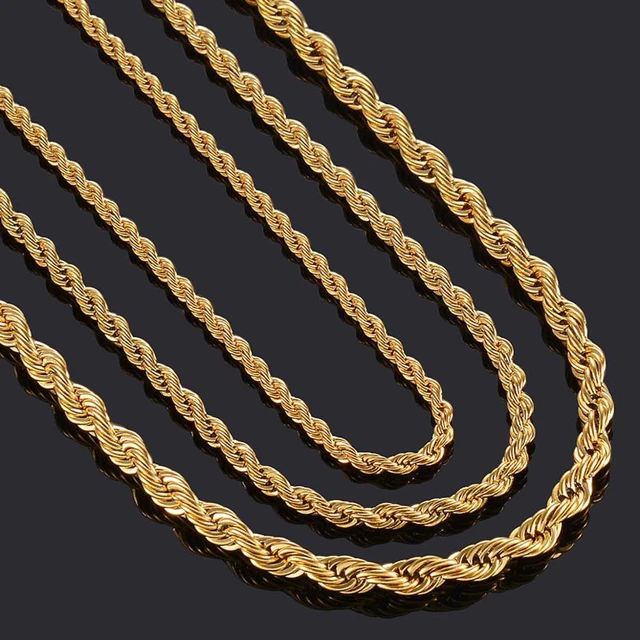 Stainless Steel Gold Plated Rope Chain Necklace 4mm Size 16 to 26 Unisex,  Men
