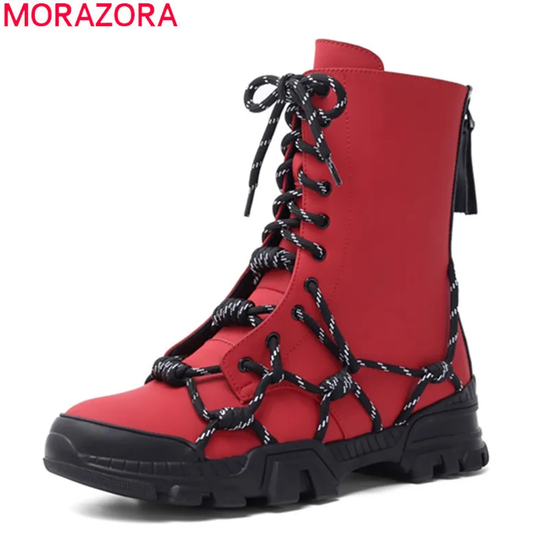 

MORAZORA 2020 hot sale high quality ankle boots low heel round toe lace up black red autumn winter women brand boots