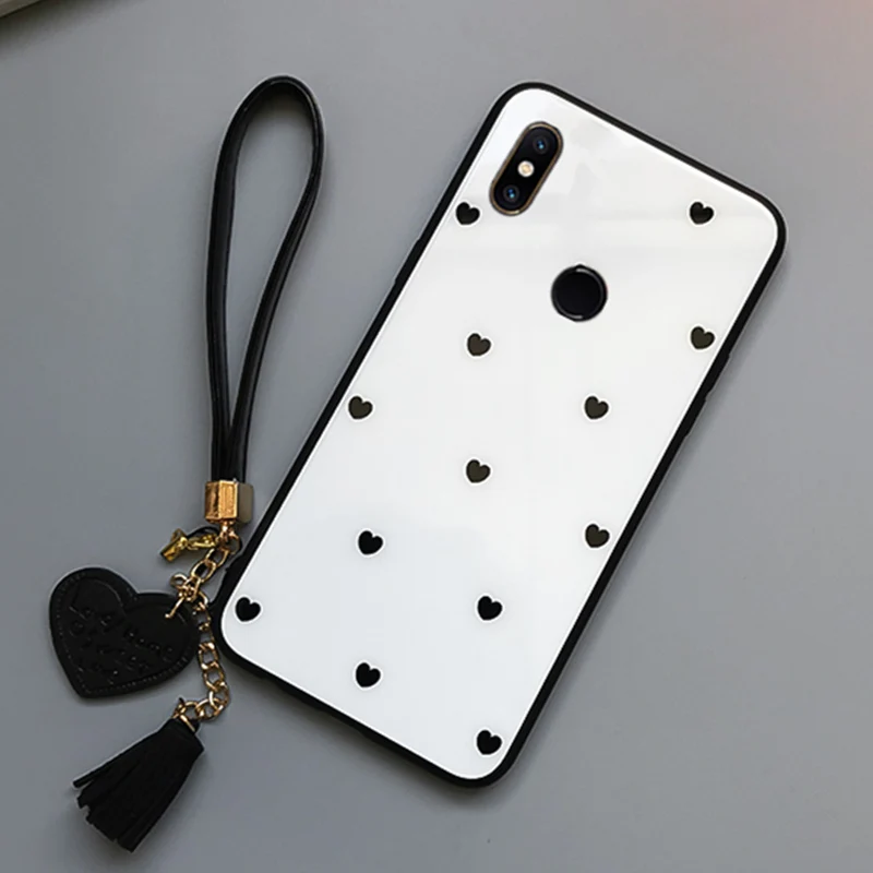 WHITE1 Для Xiaomi Redmi Note 8 Pro S2 5A 5 Plus 6A 7 Pro 4X 8A чехол из закаленного стекла с сердечком задняя крышка с кисточками ремешок для Note 7 Pro - Цвет: WHITE1