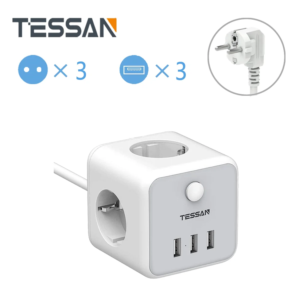

TESSAN EU Plug Socket With 3 Outlet 3 USB Ports 1.5M/5ft Extension Cord On/Off Switch, Mountable Power Strip for Office/Home