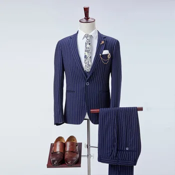 

Ready to Ship Notch Lapel Men Suits Two Pcs (Blazer+Pants) Homme Office Business Navy Stripe Mens Suits Wear 2020