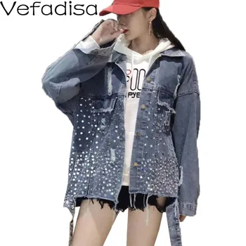 

Vefadisa Diamonds Denim Jacket Sequins Women Denim Coat 2020 Autumn Lapel Single Breasted Streetwear Hole Denim Coat QYF3253