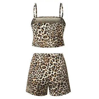 

2 Pcs Women Leisure Sexy Leopard Print Pajamas Set Spaghetti Strap Backless Cami