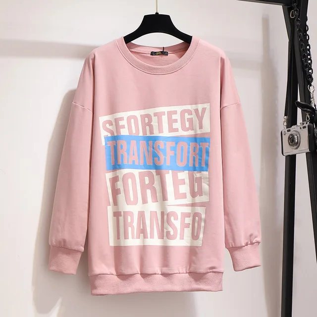 autumn winter plus size tops for women large long sleeve loose casual print letter O neck T shirt black 3XL 4XL 5XL 6XL 7XL - Цвет: Розовый