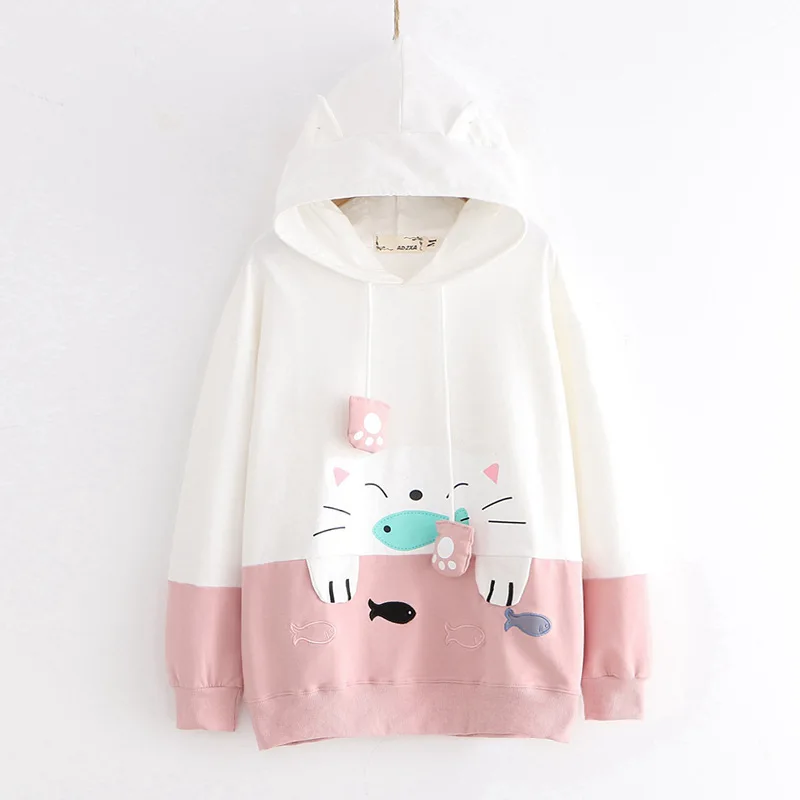 

Kawaii Anime Hoodies Teen Girls Harajuku Cute Cat Graphic Pullovers Long Sleeve Printed Black Pink Women Ear Hooded Sweatshirt