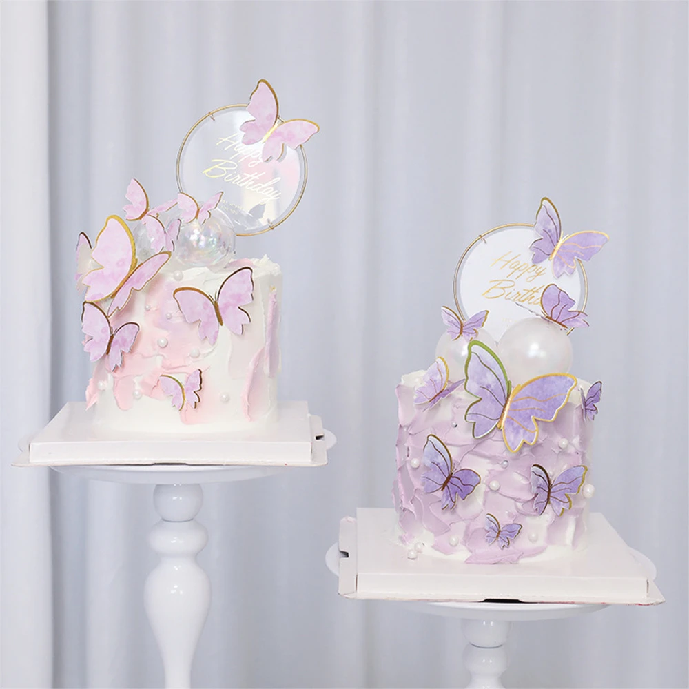 ケーキのデコレーション 10個ピース ロット 紫 ピンク 紫 誕生日 赤ちゃんのギフト 手作りの紙の蝶の装飾 Party Diy Decorations Aliexpress