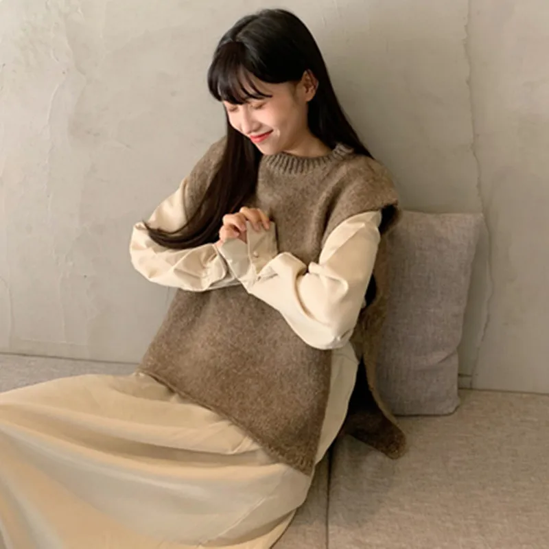 3 colors 2019 autumn and winter preppy style sleeveless vest sweater side split solid color knitted womens (C9346) |