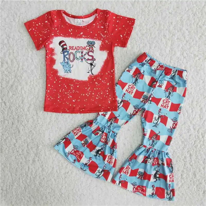 Wholesale fashionable Baby Girls Cat Clothes Blue Shirt Bell-bottomed Pants Boutique Infant Outfit Children Toddler Kid Clothing children's clothing sets high quality Clothing Sets