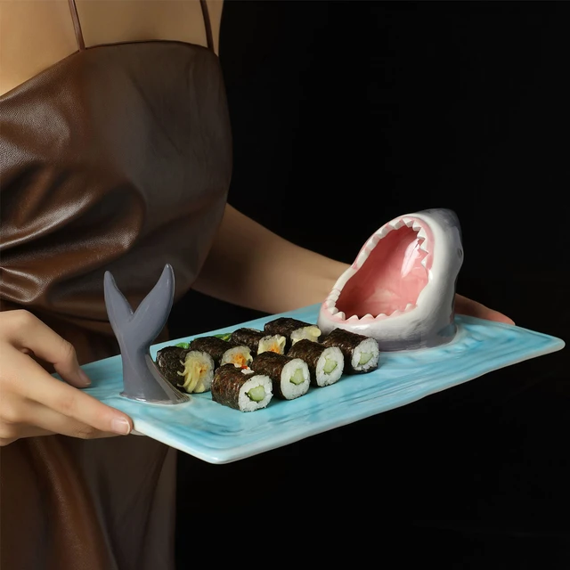 Ceramic Sushi Plate Shark Shape Rectangle Cheese Board Dining Table Kitchen  Decoration Japanese-Style Skewer Plates