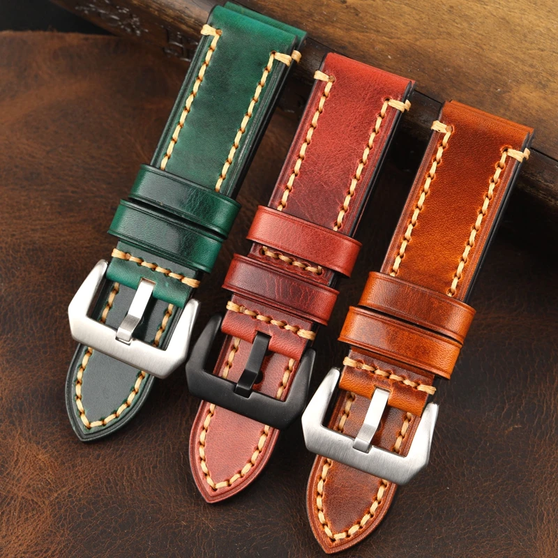 

Handmade for PMA111 Male Wristwatch Brown Cowhide Leather strap 24MM Transparent Soft Retro Italian leather Watch Band men strap