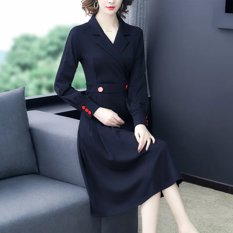 

Commuting Retro Dress Women's Autumn And Winter 2019 New Style Waist Hugging Slimming Elegant V-neck Medium-length Skirt