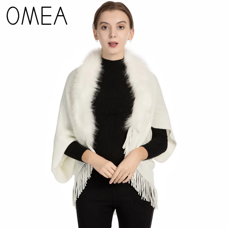 OMEA Fur Collar Poncho Women Winter Knitted Pullover Poncho with Tassel Women Shawl Solid Color Female Ponchos and Capes Ladies